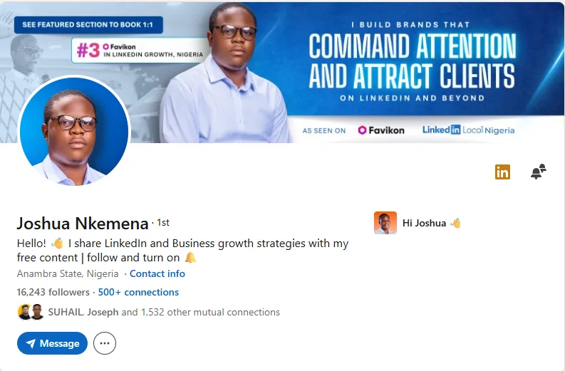 LinkedIn banner design for Joshua Nkemena, ranked #3 in LinkedIn growth Nigeria
